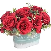 Artificial Rose Flower Arrangement for Table Centerpiece, Farmhouse Red Silk Flowers with Eucalyptus in Rustic Galvanized Metal Po Faux Floral Centerpiece for Dining Table, Home, Office Décor