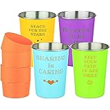Bapon Organix Stainless Steel Drinking Cups w/ Silicone Sleeves (Kids 4-Pack) Stackable, Unbreakable, Reusable | Indoor & Outdoor Use | Inspirational Child-Friendly Sayings