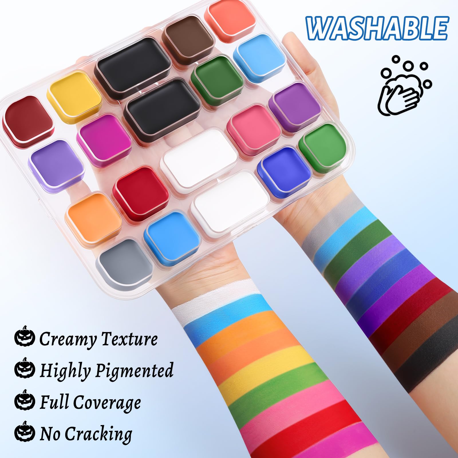BOBISUKA 18 Color Washable Face & Body Paint Palette with Brushes, Extra Black & White Pans, Highly Pigmented Cream Formula Face Painting Kit for Halloween, Carnival, Cosplay, Festivals & SFX Makeup