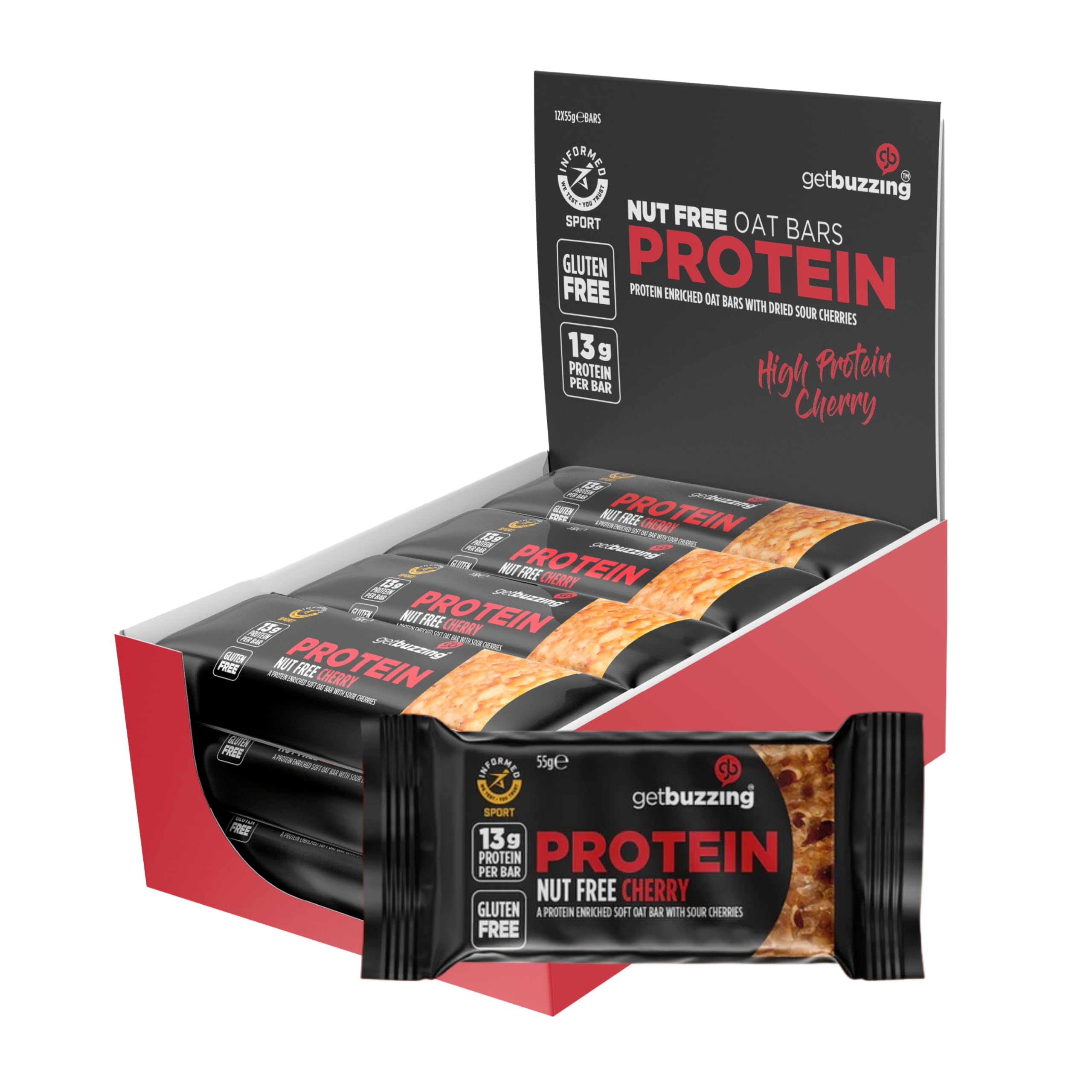 Getbuzzing High Protein Nut Free Flapjack - Cherry 55g - Healthy Snack Bars - Gym, Running, Cycling - Pure Protein Made in the UK - Pack of 12 bars