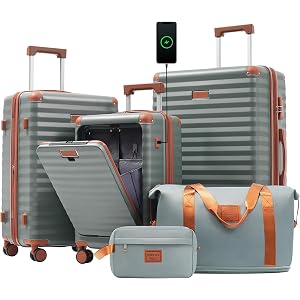 Merax Hardside Luggage Set,5 Piece Front Opening Suitcase Set.Grey Green | Expandable and lightweight luggage set with TSA lo
