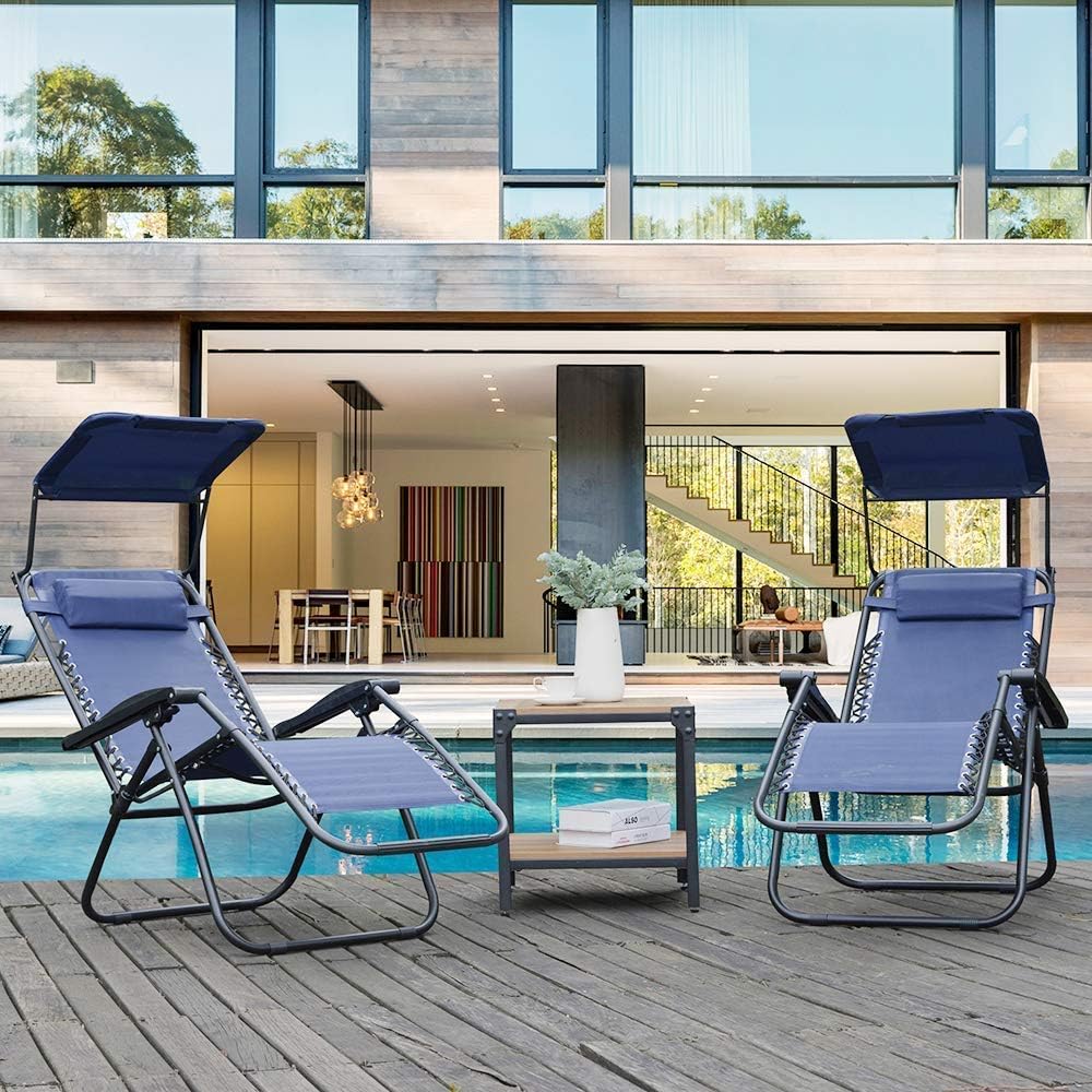 Romatpretty Set of 2 Adjustable Zero Gravity Lounge Chair Recliners Folding Garden Chair Recliner Camping Chairs with Pillows, 2 Pcs, Blue