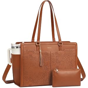 Vintage Laptop Bag for Women, Embossed Leather 15.6" Work Tote Bag with Cup Holder, Large Computer Purse for Office School