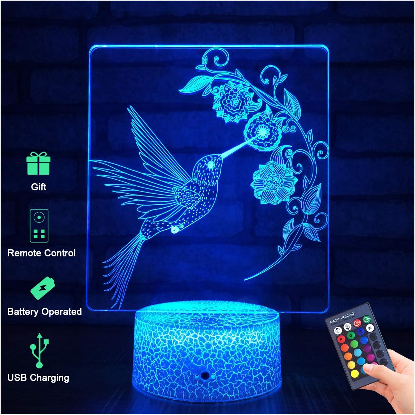 Menzee 3D Hummingbird Lamp, 3D Night Light for Kids with Remote Control & Smart Touch 7 Colors 16 Colors Changing Hummingbird Toys 10 9 3 5 2 8 1 7 6 4 Year Old Boy Girl Gifts