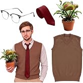 Glitopper 4 Pcs Halloween Florist Costume Set Unlucky Horror Comedy Cosplay | Accessories for Men, Include Brown Knitted Vest, Eyeglasses, Monster Flower Wooden Sign, Red Tie, Halloween Party Outfit