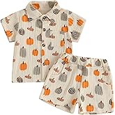 KtwHarnu Toddler Baby Boy Halloween Outfit Pumpkin Cotton Linen Button Down Short Sleeve Shirt and Shorts 2 Piece Clothes Set