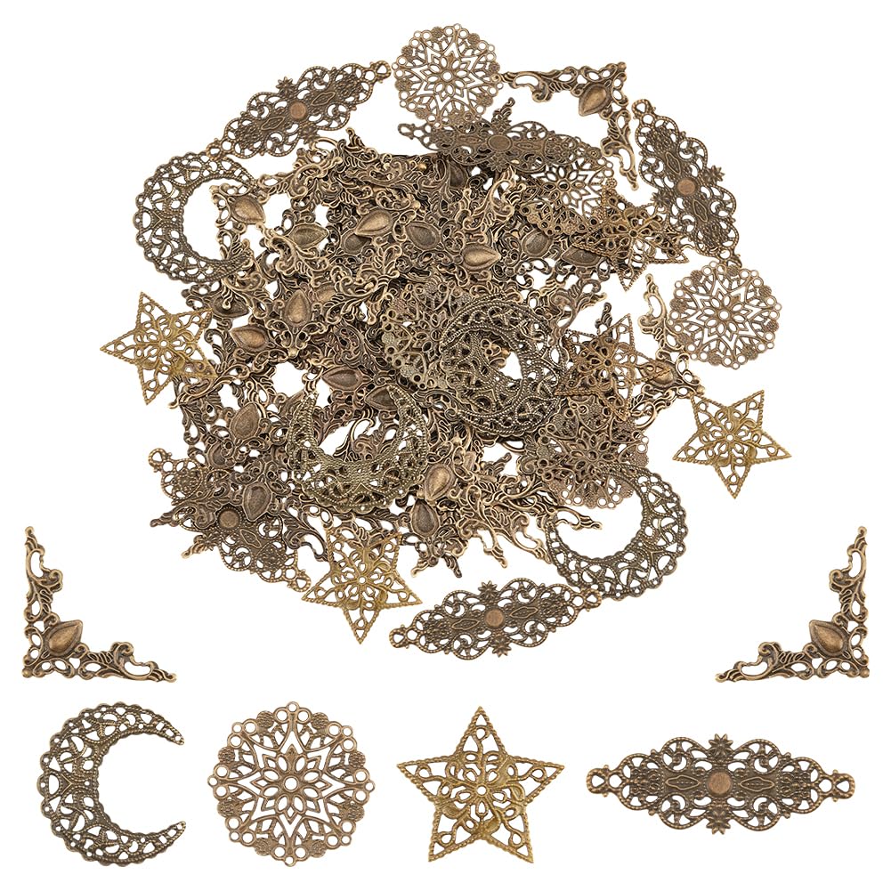 PH PandaHall 104pcs Filigree Connector Charms Corner Protectors Embellishments Hollow Triangle Wrap Connector with Flower Filigree Pendant Links Resin Fillers for Jewellery Making Antique Bronze