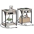 VASAGLE End Table with Charging Station, Set of 2, Small Side Tables for Living Room, Bedroom, Nightstand with Outlets and USB Ports, Bedside Table with Storage Shelf, Heather Greige and Black