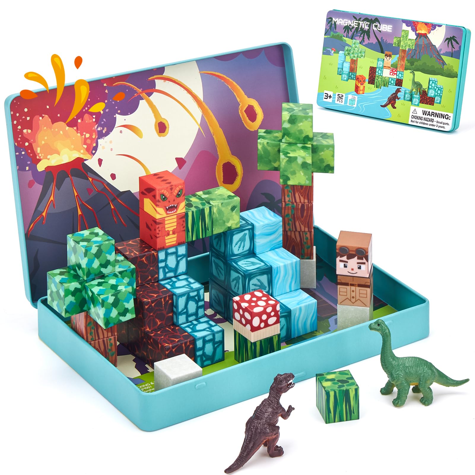 hahaland Travel Mini Magnetic Tiles Dinosaur Magnetic Blocks Building Toy Magnetic Cubes STEM Travel Game Airplane Toys for Toddlers 3-5 Birthday Easter Gifts for 3 4 5 Year Old Boy Girl