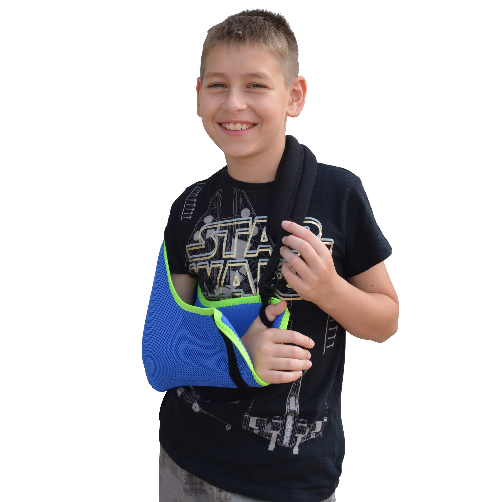 4DflexiSPORT Arm Sling Extra Shoulder Support, Child 8-9yr Blue/Lime Trim, Easy Fit, Cooling, Happy Healing Sticker.
