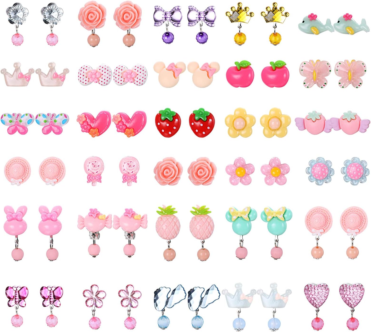 30 Pairs Clip-on Crystal Earrings Girls Play Earrings Princess Jewelry Earrings Set for Party Dress up Accessories Packed in 4 Clear Boxes
