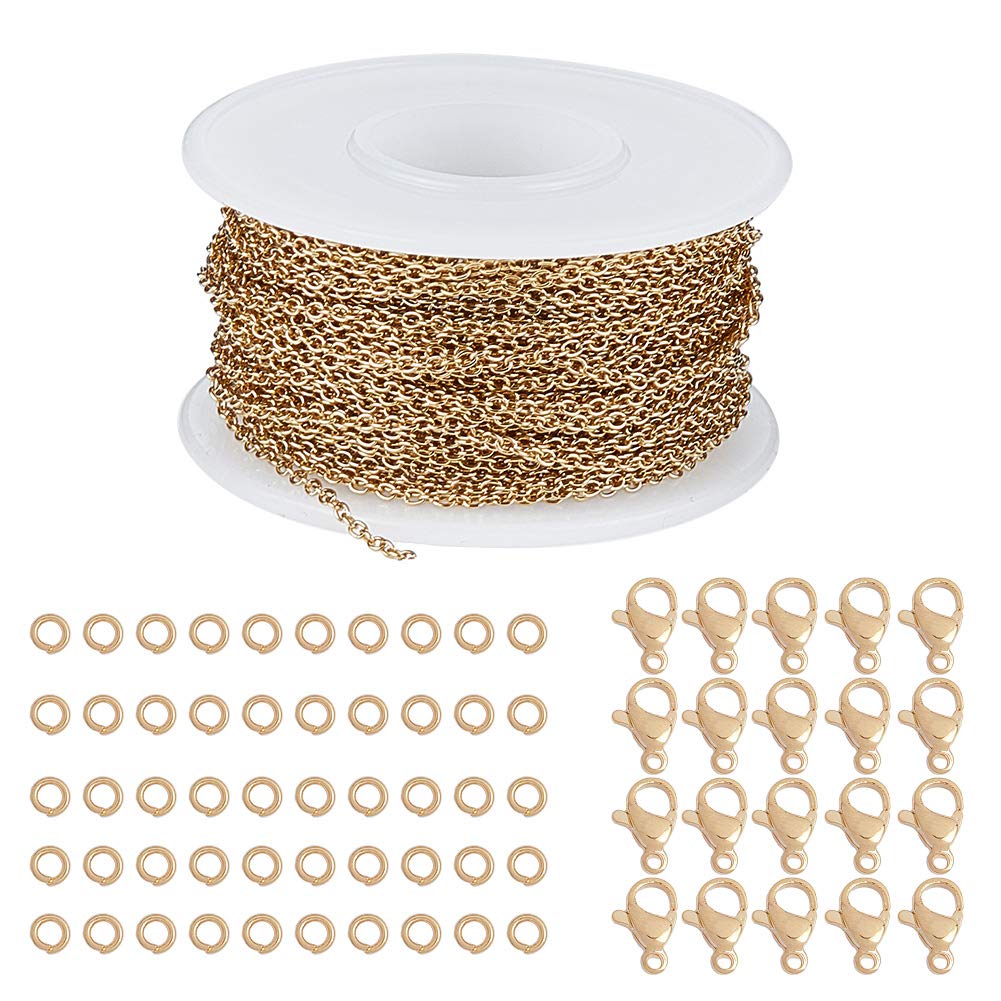 SUNNYCLUE 10m/roll Gold Stainless Steel Curb Cable Chains Link Spool Bulk Necklace Width 2mm with 20 Lobster Clasps and 50 Jump Rings for Jewelry Bracelet Necklace Pendant Making