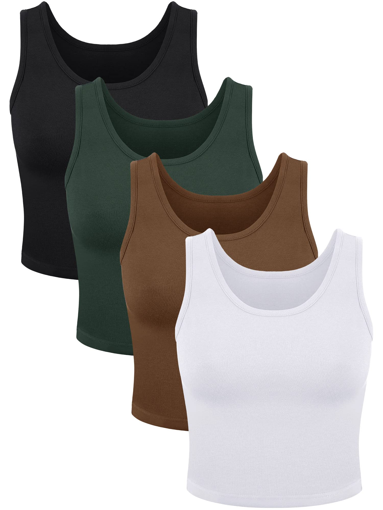Photo 1 of 4 Pieces Women Basic Crop Tank Top Short Sleeveless Sports Crop Top (Dark Green, Black, Chocolate, White, Medium)