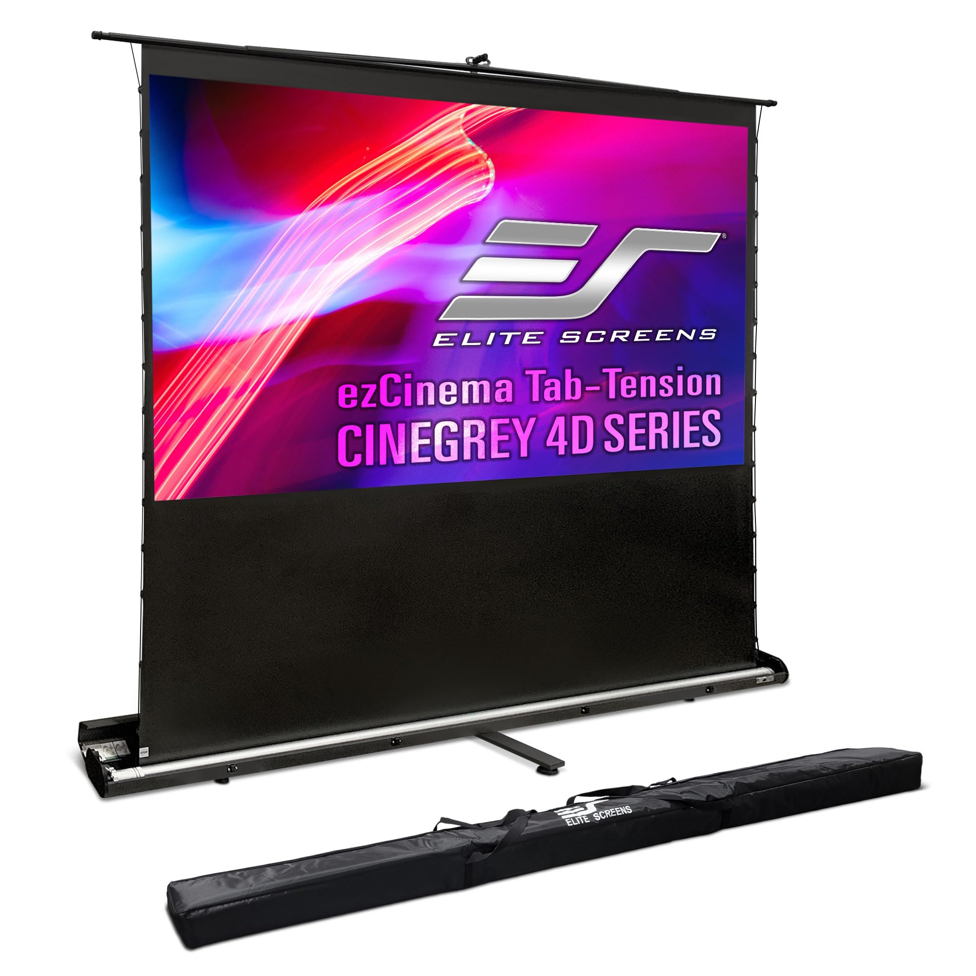 Photo 1 of Elite Screens ezCinema Tab-Tension CineGrey 4D, 113-inch 16:9, Manual Floor Pull Up ISF Ceiling Ambient Light Rejecting, Portable Home Office Classroom Projector Screen with Carrying Bag