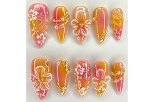 WBRRFJJ 24Pcs Flower Press on Nails Medium Almond Handmade Fake Nails with 3D Pearl Charms Design Orange Red False Nails Full Cover Artificial Glue on Nails Spring Summer Stick on Nails for Women DIY Manicure