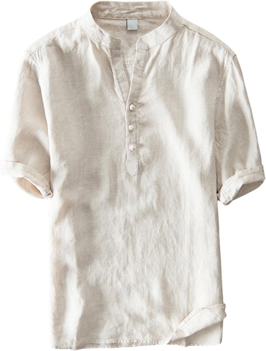 YIFAN DREAM Mens Shirt Short Sleeve Cotton Linen T-Shirt Henley Shirts Summer Beach Shirt Blusen Casual Solid Collar Shirts Blouson White Beige Blue