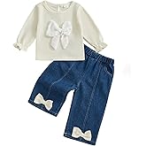 Ursobutegl Toddler Baby Girls Outfits Long Sleeve Bow Sweatshirt Pullover Tops Denim Pants Set Sweatsuit Fall Winter Clothes