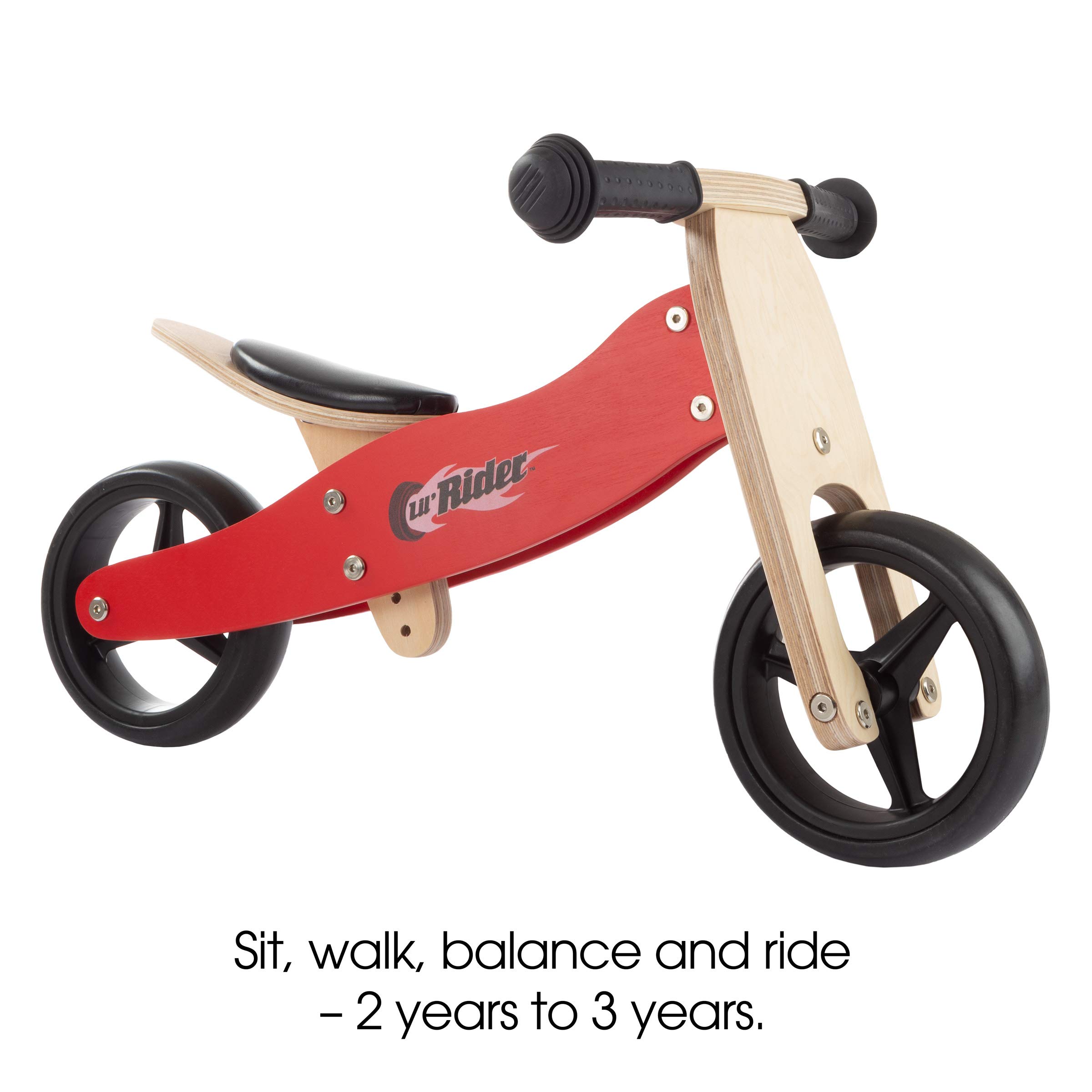 Lil' Rider 2-in-1 Wooden Balance Bike & Push Tricycle- Ride-On Toy with Easy Grip Handles, No Pedals, Rubber Wheels for Boys and Girls, Ages 18 Months and Up , Red, Large