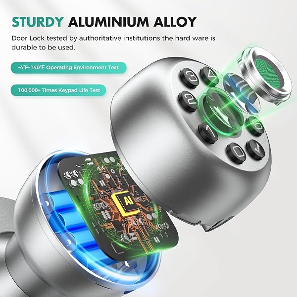 HEI LIANG FINGERPRINT DOOR LOCK, BIOMETRIC SMART DOOR KNOB, WITH KEYPAD AND APP CONTROL, KEYLESS DOOR LOCK, SUITABLE FOR BEDROOMS, OFFICES, HOTELS, APARTMENTS, EASY TO INSTALL. (SILVER HL-10