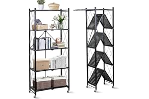 Fenbeli 5 Tier Storage Shelf with Wheels - Metal Collapsible Shelving Unit Display, Heavy Duty Folding Shelves, No Assembly Organizer Rack for Garage Kitchen, Basement, Pantry (Black, 5 Tier)