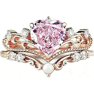 Women's Rose Gold Crown Ring Set Pink Heart Cubic Zirconia Stackable Promise Engagement Rings Eternity Band Gift