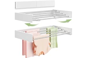 Vikaqi Wall Mounted Clothes Drying Rack 32", Foldable Wall Mount Laundry Rack Folding Indoor, Drying Rack Clothing Collapsible, Hidden Space Saver with Wall Template, 5 Rods, White