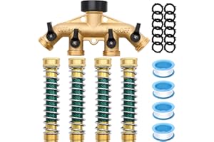 LFSEMINI 4 Way Hose Splitter with 4Pcs Garden Hose Extension Adapter, Brass Garden Hose Splitter Set, Hose Spigot Adapter with 4 Valves and 12 Rubber Washers & 4 Tapes