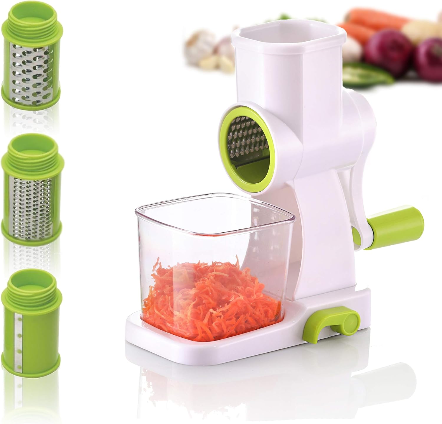 Hoss Rotary Cheese Grater | Manual Rotary Mandoline Slicer Shredder | Cheese Grater Vegetable Slicer Walnuts Grinder | 3 Stainless Steel Drum Blades | Strong Suction Cup with Container