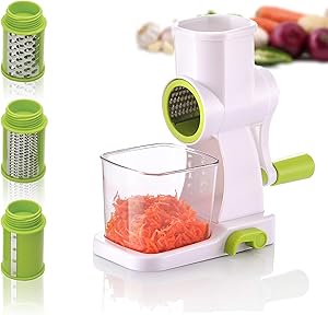 Hoss Rotary Cheese Grater | Manual Rotary Mandoline Slicer Shredder | Cheese Grater Vegetable Slicer Walnuts Grinder | 3 Stainless Steel Drum Blades | Strong Suction Cup with Container