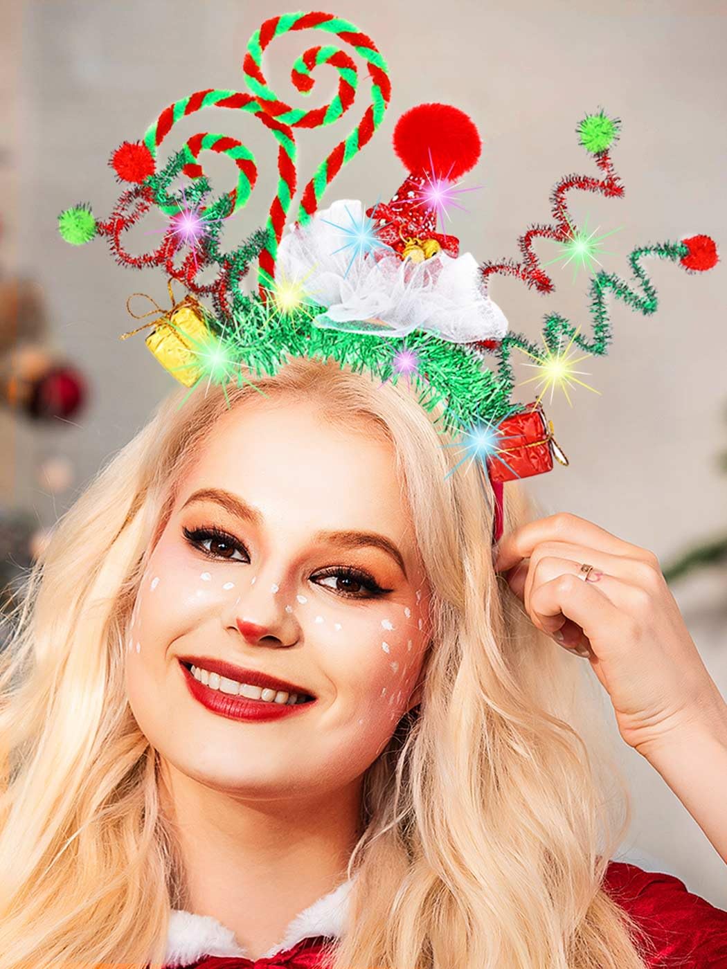 Handcess Light up Christmas Headband LED Santa Hat Hair Band Glowing Costume Hair Hoop Glitter Xmas Hair Accessories for Women