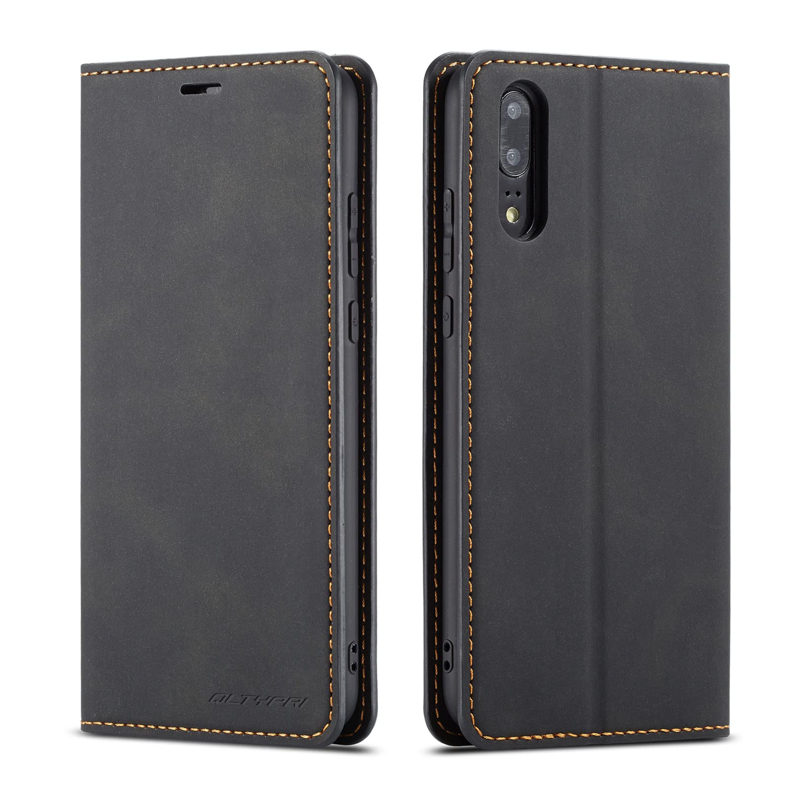 QLTYPRI Case for Huawei P20, Premium PU Leather Cover TPU Bumper with Card Holder Kickstand Hidden Magnetic Adsorption Shockproof Flip Wallet Case Compatible with Huawei P20 - Black โ image 1