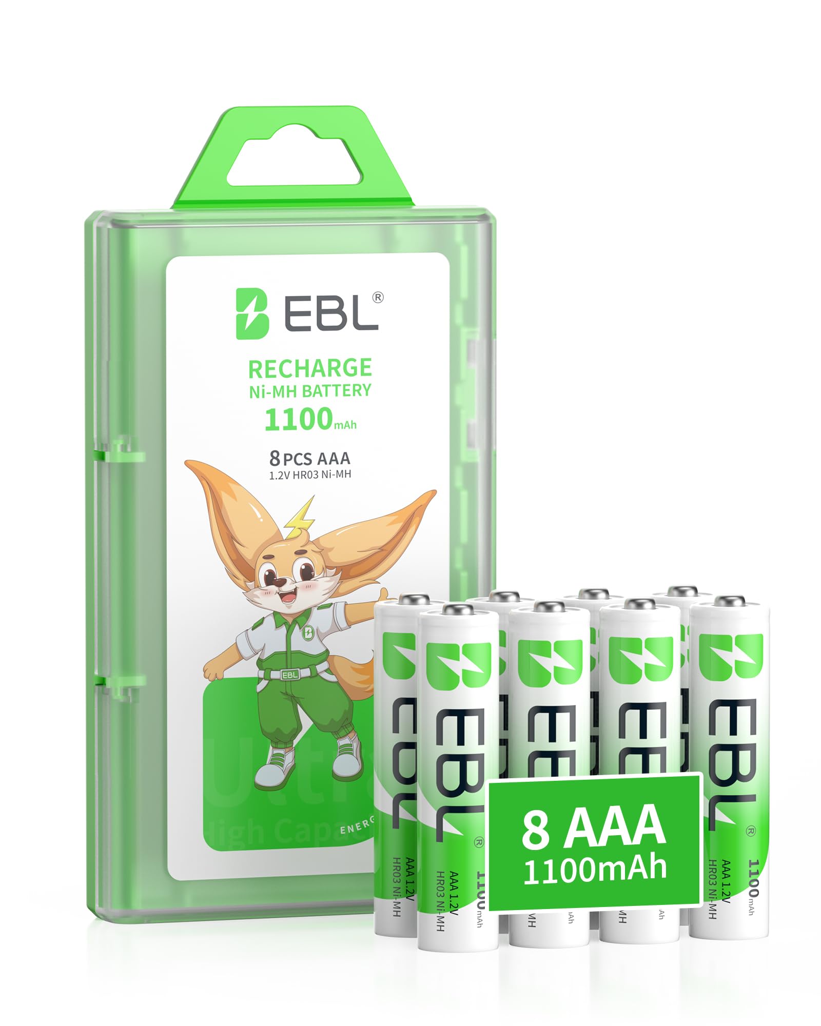EBL 1100mAh AAA Rechargeable Batteries (8 Pack), High Capacity 1.2V NIMH Rechargeable Battery AAA with Long Lasting Power, Low Self-Discharge & Pre-Charged