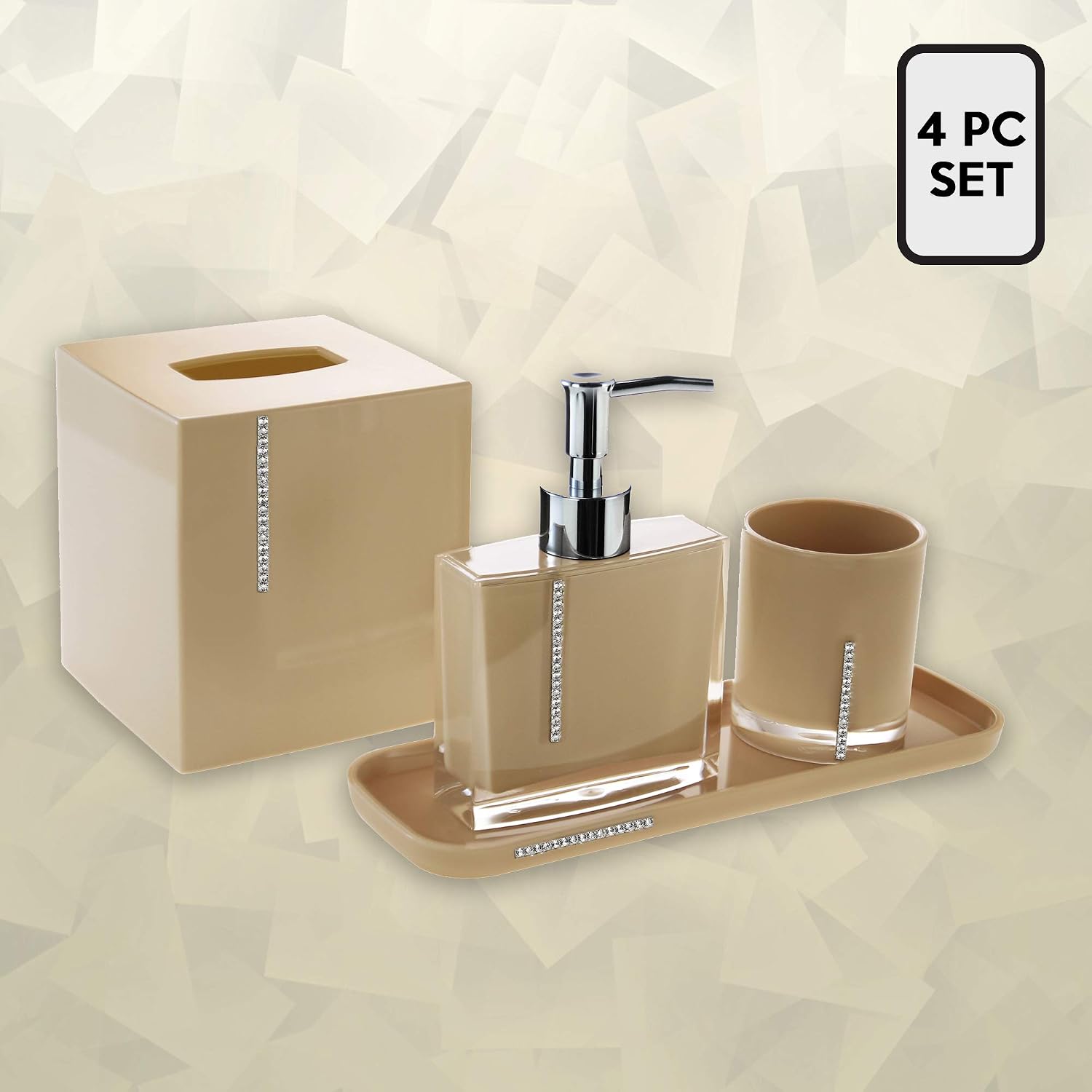 Decozen Bathroom Accessories Set Crystal Beige Decoration Bath Accessories Set Bathroom Tumbler Bath Lotion Dispenser Square Tray Tissue Box Bathroom Decor Accessory Set Of 4 Pcs Amazon In Home Kitchen