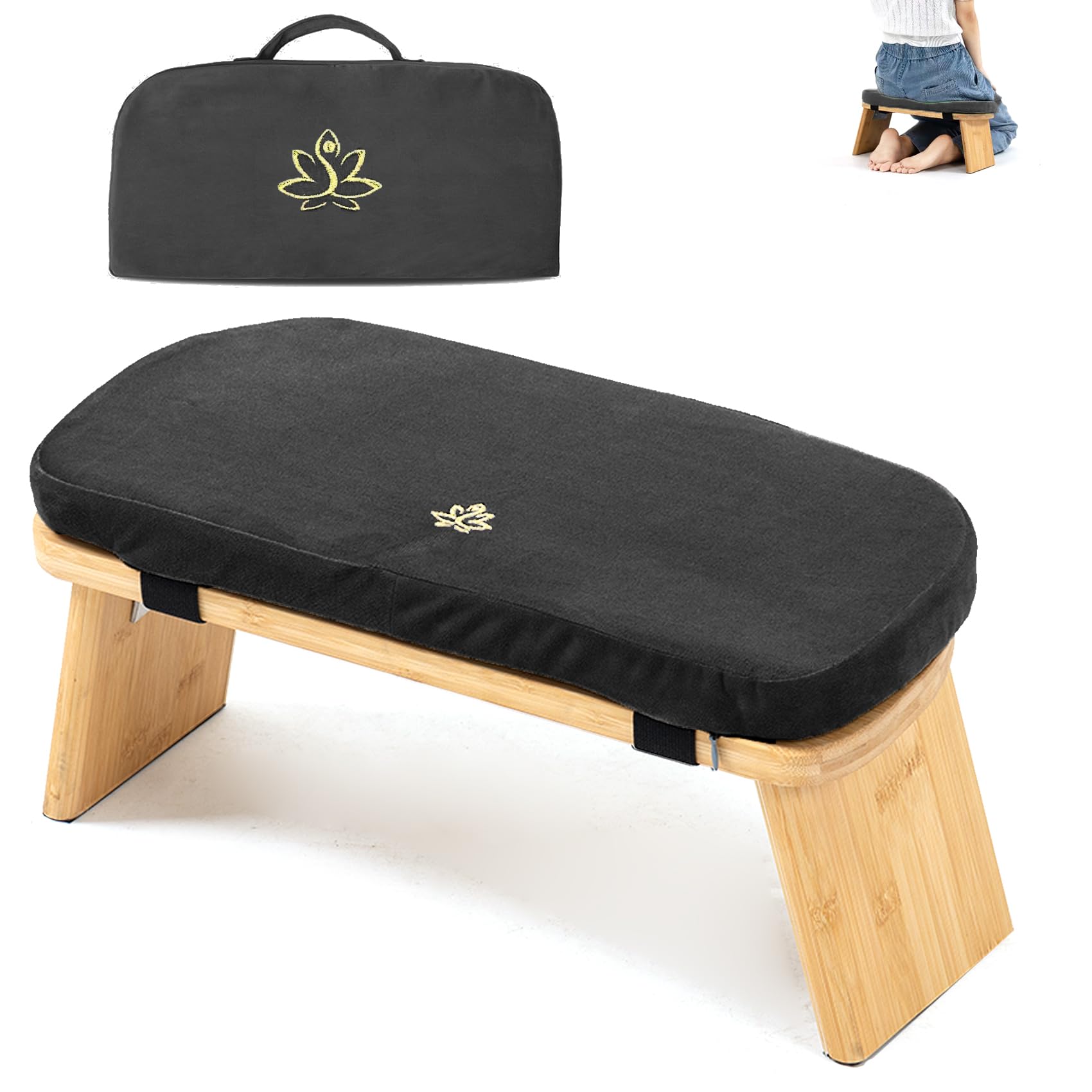 Photo 1 of Estleys Meditation Bench, Bamboo Meditation Stool, Folding Kneeling Meditation Bench, Seiza Prayer Bench, Prayer Bench with Meditation Cushion, Kneeling Stool (Black & Bag)