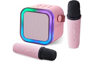 GLOINSU Portable Karaoke Machine for Kids & Adults, Bluetooth Mini Singing Microphone with 2 Wireless Mics & LED Light Show, Compatible with All Smartphones, Perfect for Birthdays, Home Parties（Pink）