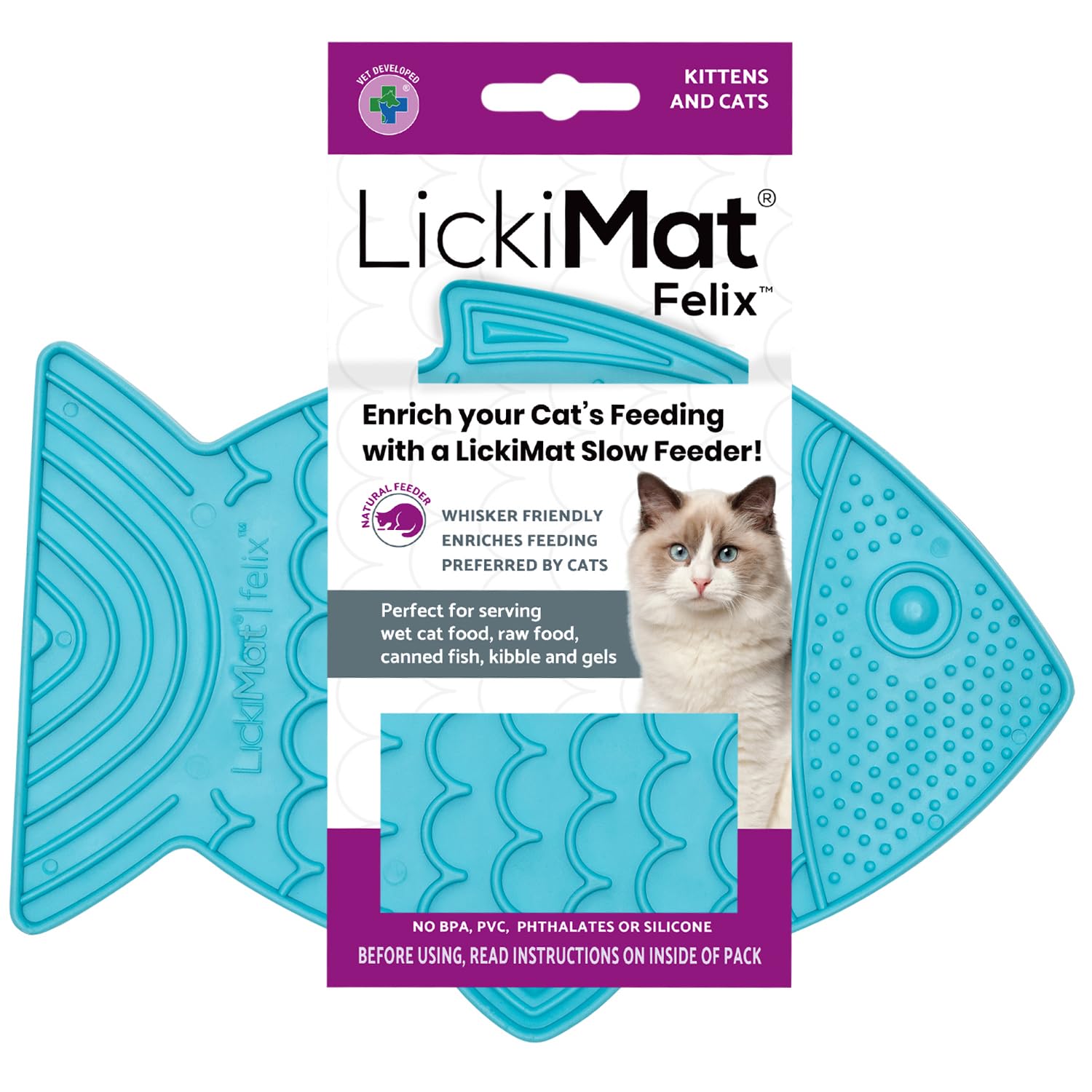 LICKIMAT Felix, Fish-Shaped Cat Slow Feeders for Feline Boredom and Anxiety Reduction; Perfect for Food, Treats and Anxiety Reduction, Turquoise