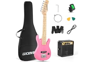 LUCKWBQ 30 Inch Kids Electric Guitar Beginner Kits ST Style Mini Electric Guitar for Boys Girls，Electric guitar Starter Kit w/ 5W Amplifier, Strap, Gig Bag, Strings, tuner，strings，Picks(Pink)