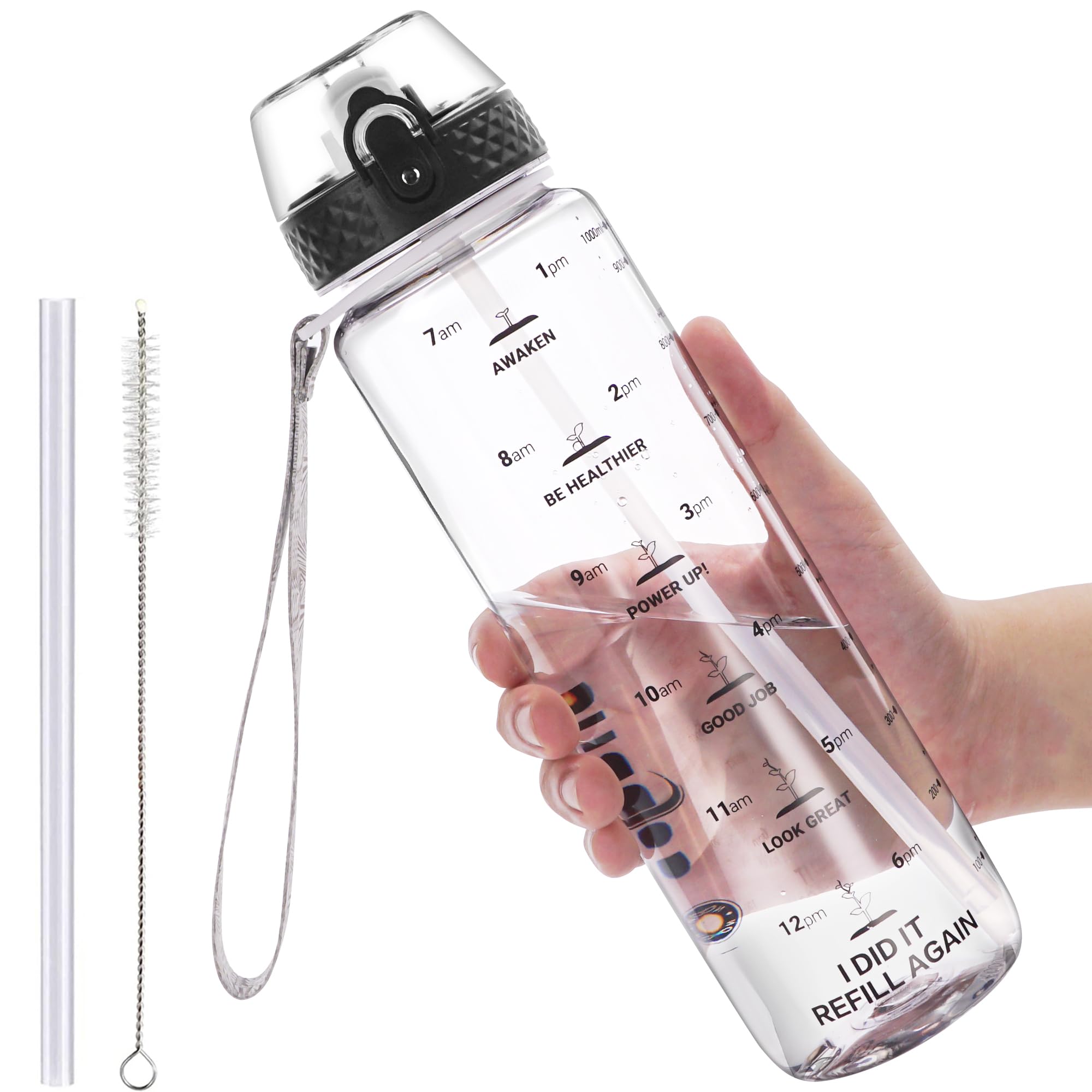 GOPPUS 1L/32oz Tritan Clear Water Bottle with Straw Leakproof Drink Bottle with Measurements Bottles with Flip Top Motivational Bottles with Time Marks for Adults BPA Free (Transparent)