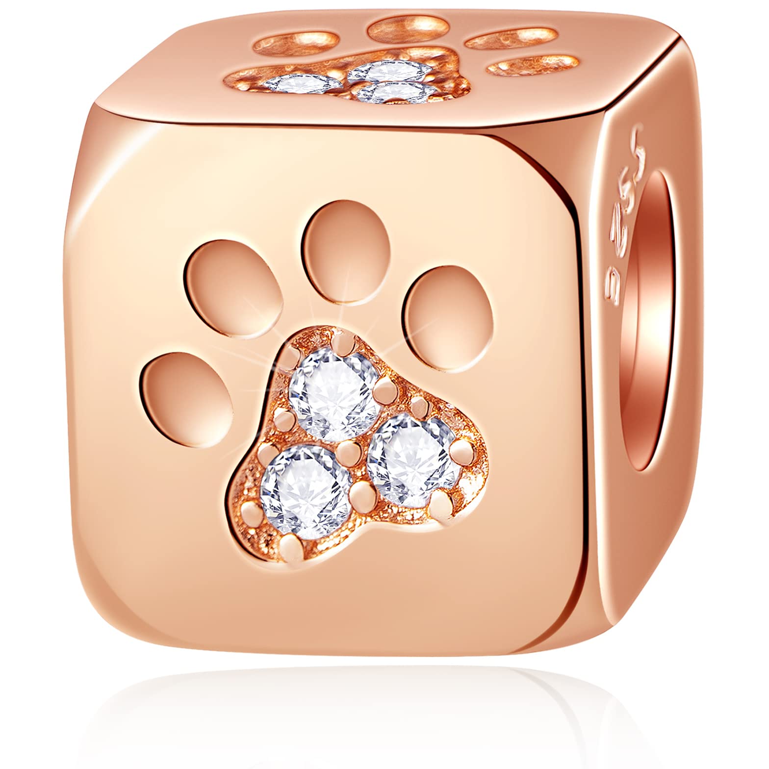 Rose Gold Dog Paw Print Dice CZ Charms, Fit Animal Pet Bracelet, 925 Sterling Silver Puppy Footprint Square Block Cube Beads, Gift for Grandma/Mum/Friends/Birthday