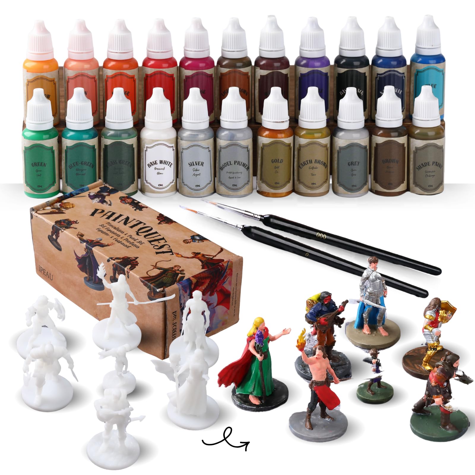 iPEAU Starter Acrylic Miniature Paint Kit-22 Waterbase Model Paint Beginner Set incl Metallic Gold&Silver Shade Brush-On Primer 7TTRPG Figures for DND War Hammer40K Terrain-Gift for Man/Woman Painter
