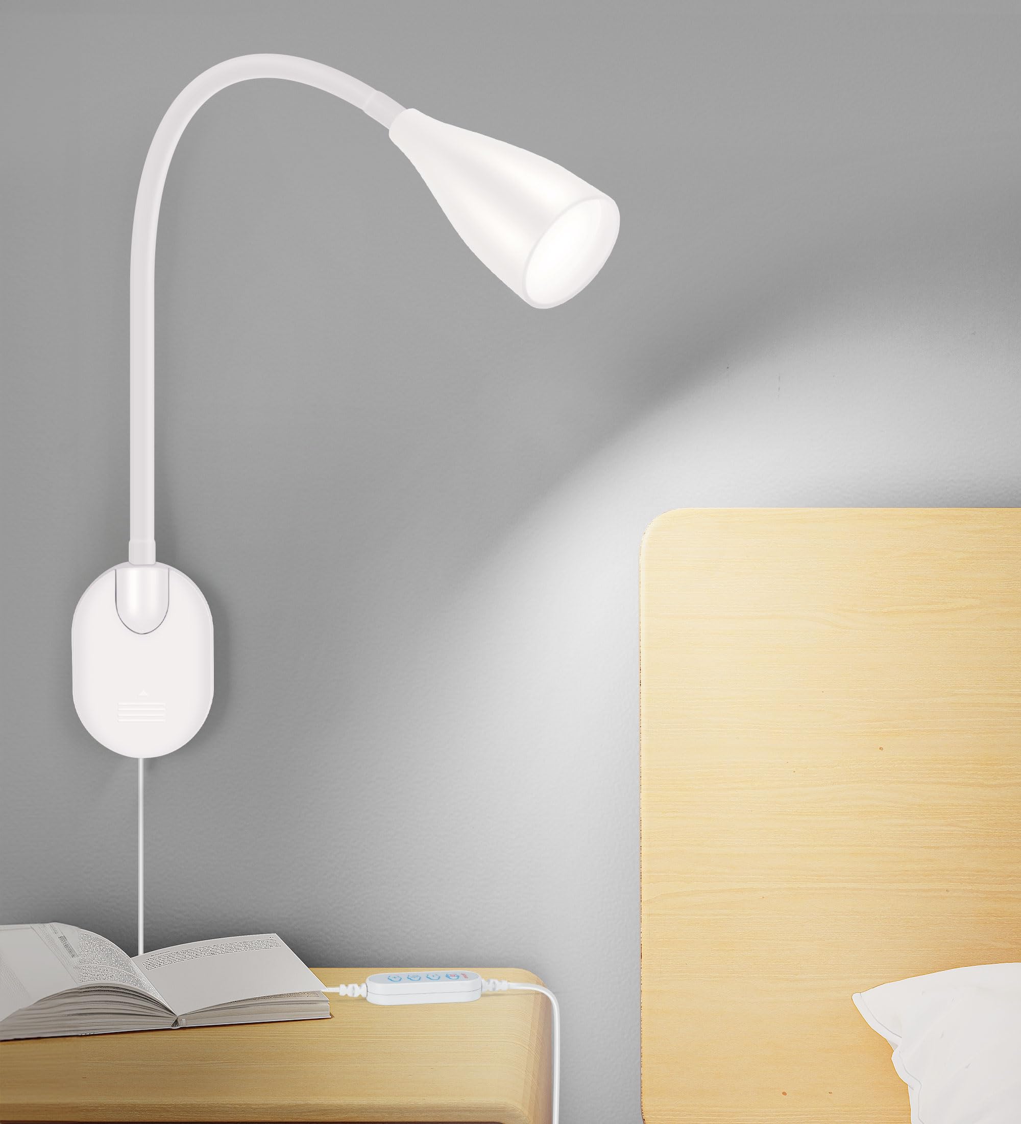 Photo 1 of Wall-Mounted LED Bedside Reading Light with USB Charging Port, 10-Level Dimmable & Adjustable 5 Color, Plug-in Adhesive Night Lamp for Books in Bed, Eye-Caring Bedroom Lighting (White)