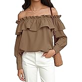 Prettywear Women's Sexy Off Shoulder Tops Long Sleeve Ruffle Blouse Flowy Going Out Shirt Oversized
