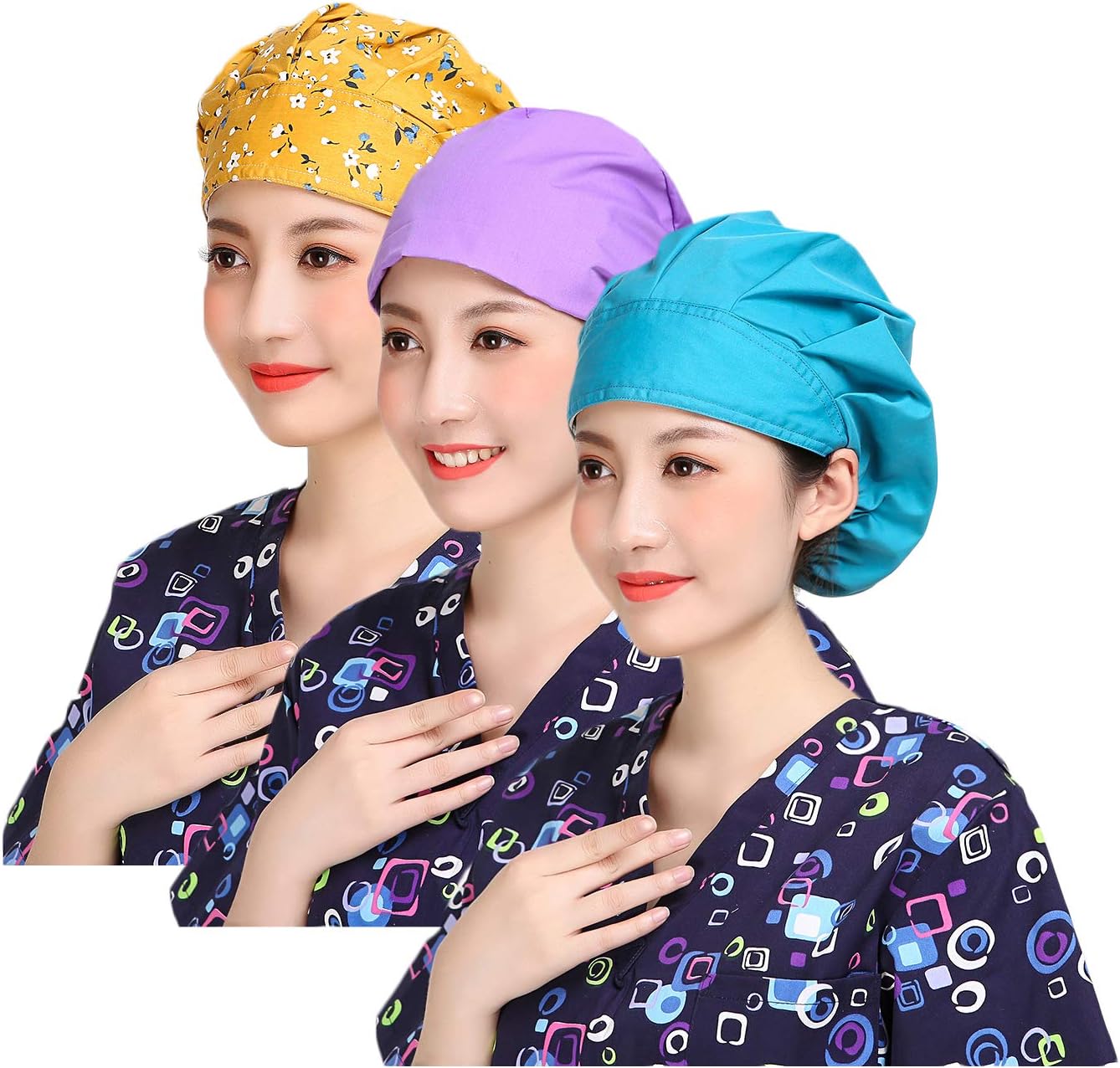 Nothar 3pc Women's Adjustable Scrub Cap Sweatband Bouffant Hats Value Set