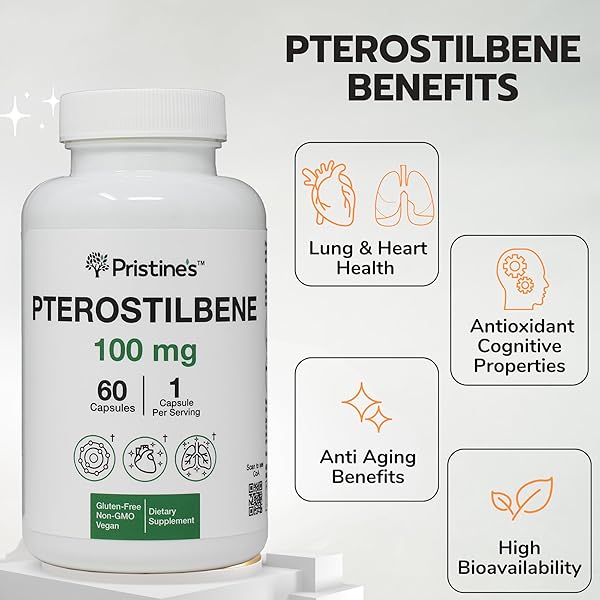 PRISTINE’S PTEROSTILBENE 100MG ANTI AGING SUPPLEMENT CAPSULES – 60 DAY SUPPLY – LUNG HEALTH & MENTAL CLARITY ANTIOXIDANT – HIGH BIOAVAILABILITY VEGAN NON GMO