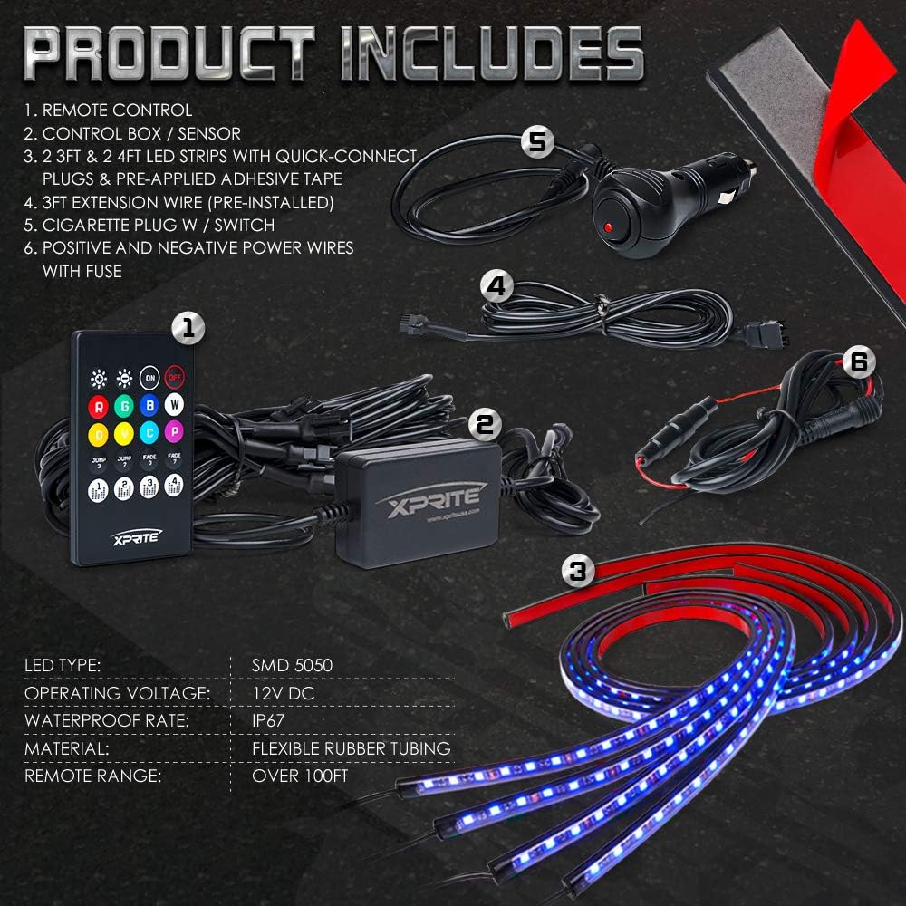 Xprite Car Underglow Neon Accent Strip Lights Kit 8 Color Sound Active Function and Wireless Remote Control 4 PCs LED Underbody System Light Strips w/ 6FT Extension Wire & Cable Tie: Automotive