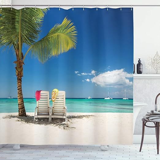 Ambesonne Seaside Shower Curtain, Relaxing Scene on Remote Beach with Palm Tree