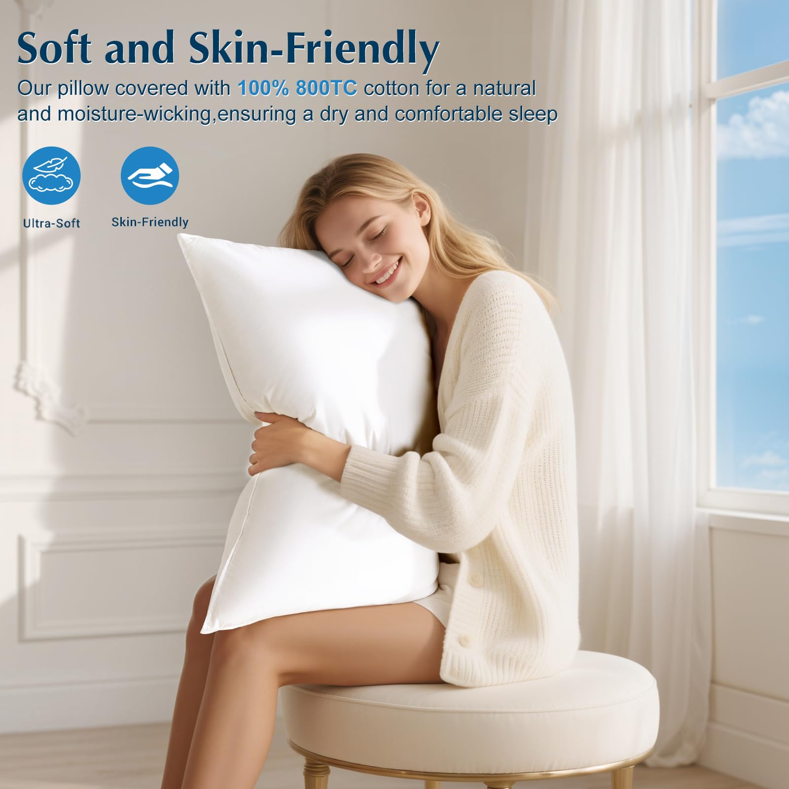 Photo 1 of LIANLAM Luxury Goose Feather Down Pillows Queen Size Set of 2, 3-Chamber 5 Star Hotel Pillow for Side Sleeper, 100% Cotton Shell(20"x33")