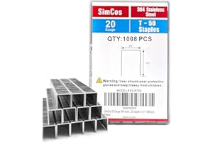 SimCos 20 Gauge 304 Stainless Steel T/50 Staples - 3/8" Crown Upholstery Staples, 1/4"~9/16" Leg Length, 1008 Counts, Compatible with Staple Gun & T-50 Stapler (1/2"-1008 pcs)