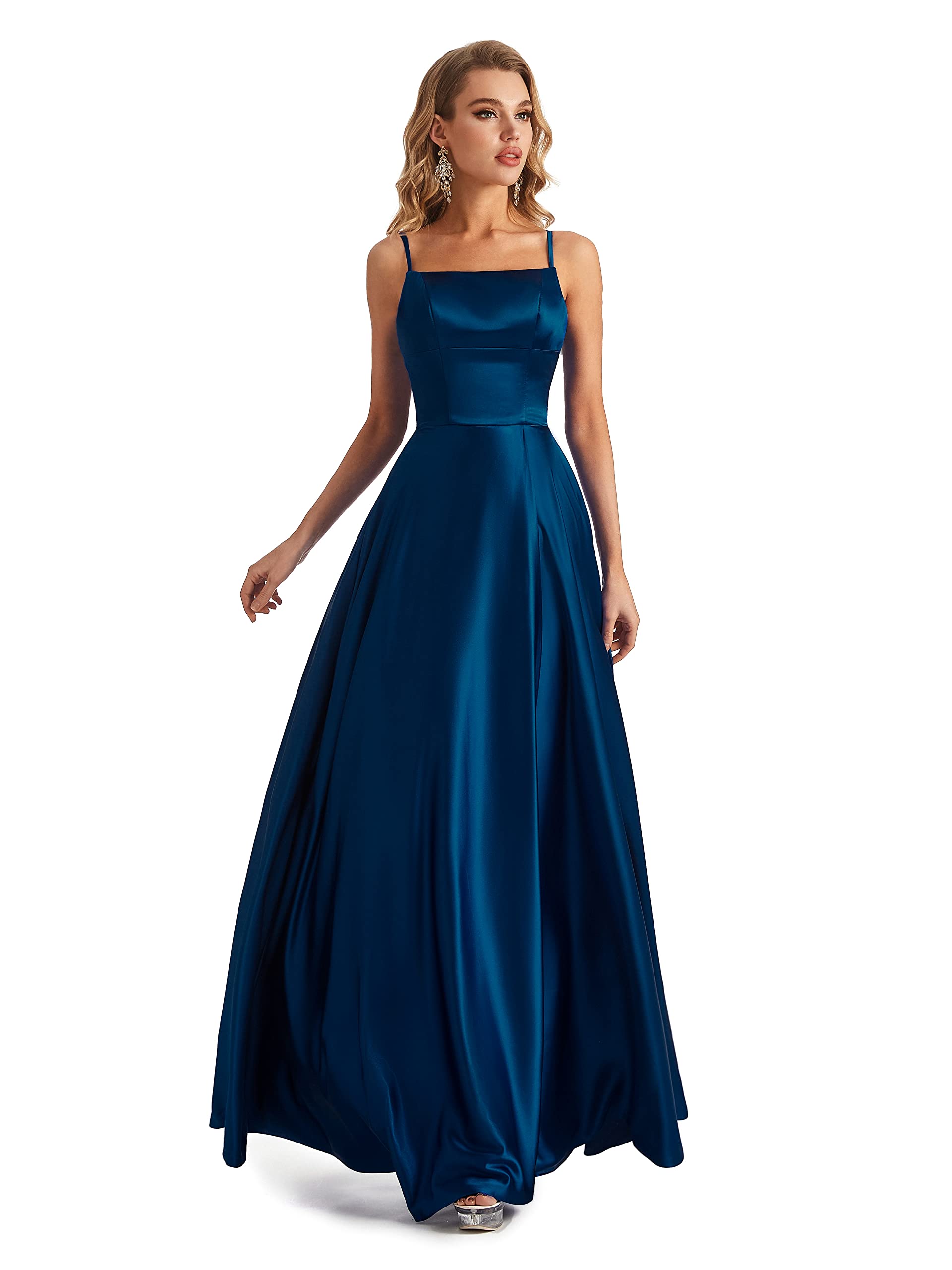 Lecureler Long Satin Spaghetti Strap Prom Dress