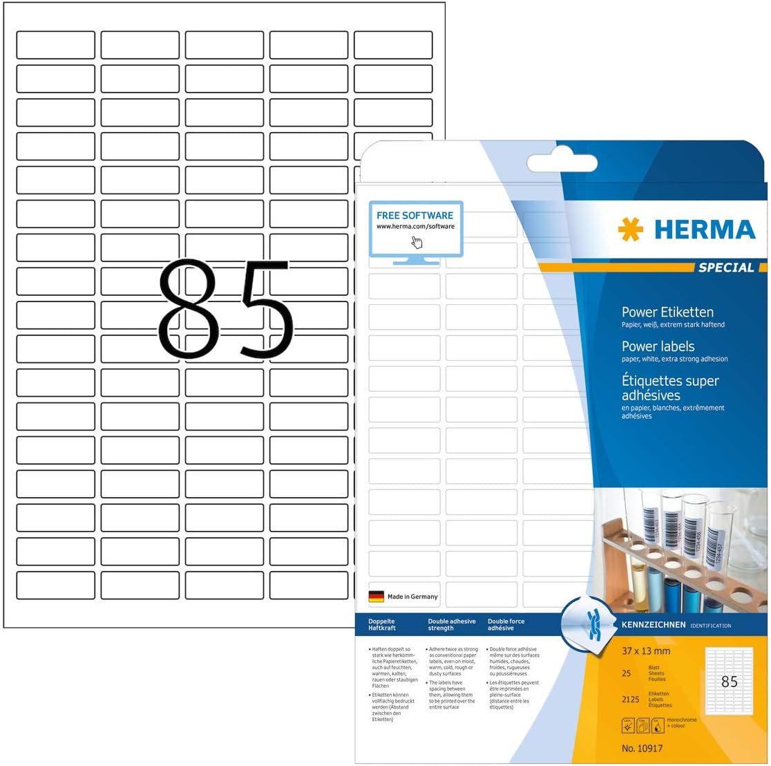 HERMA Extra Strong Adhesive Labels, 85 Labels per A4 Sheet, 25 Sheets, 37 x 13 mm, 2125 Labels